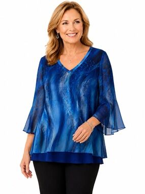 Timeson XXL Blue Abstract Layered Mesh Tunic Blouse Bell Sleeve V Neck
